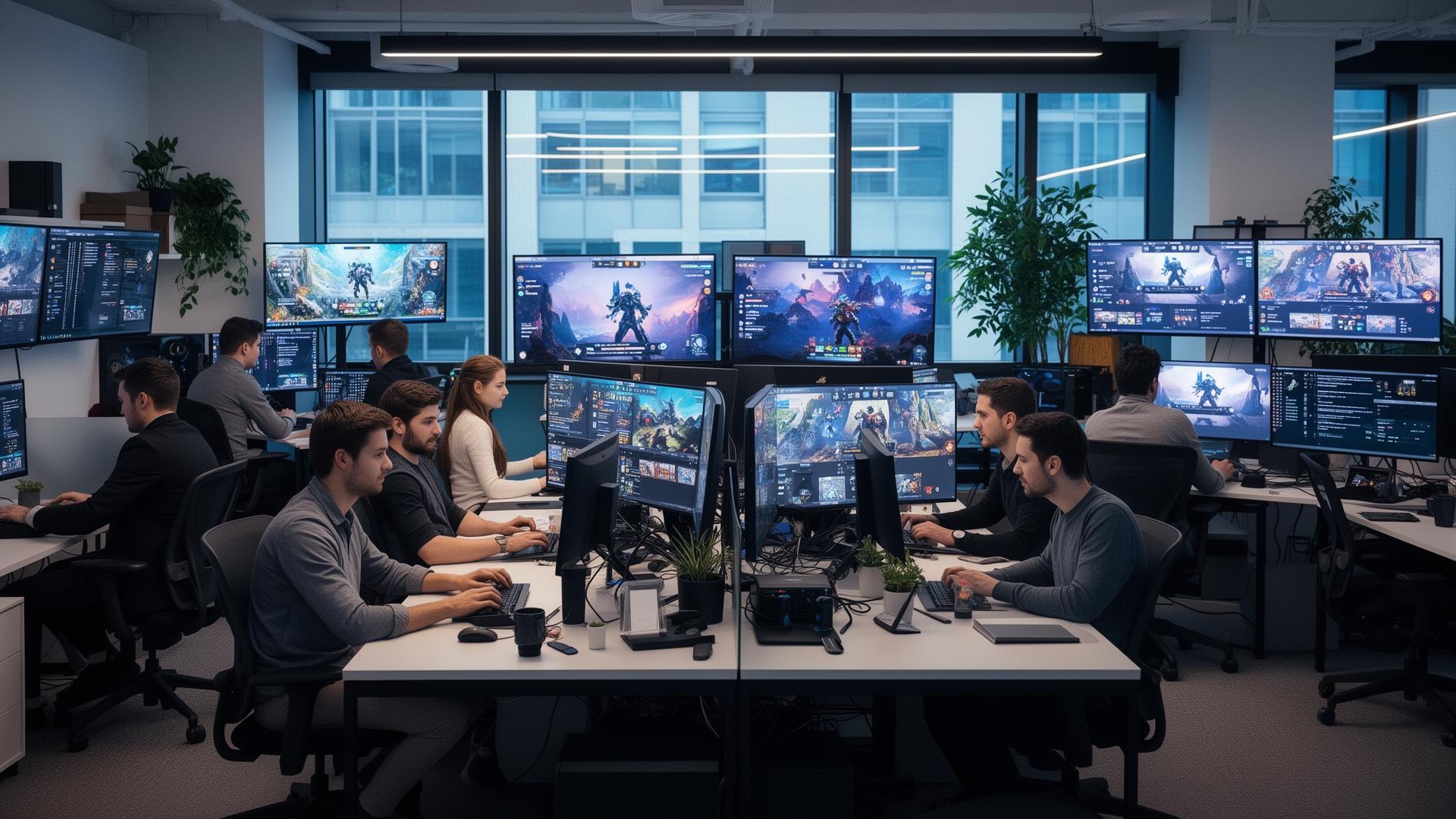 Professional team working on gaming platform with modern office setting