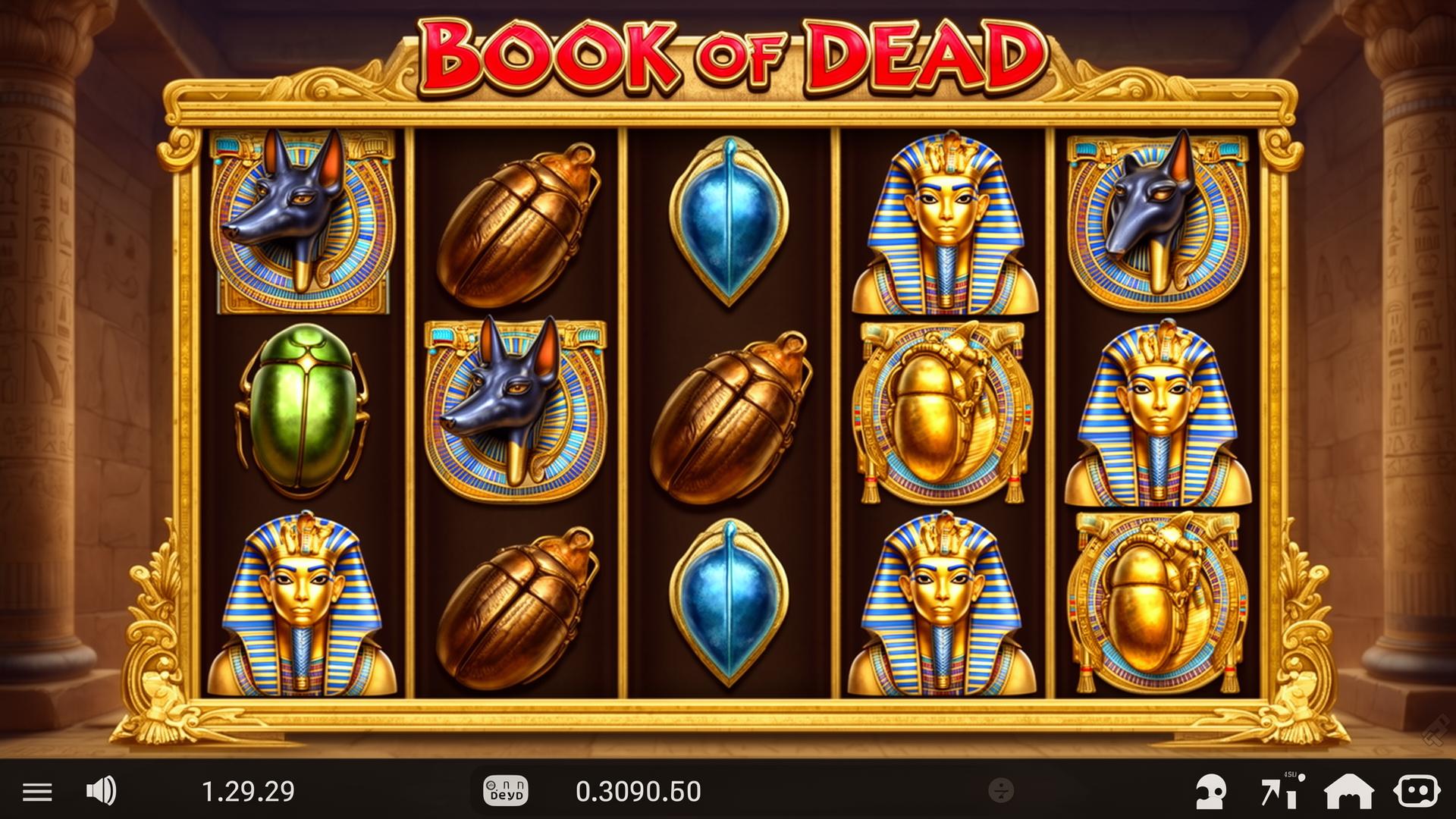 Book of Dead slot game interface showing Egyptian symbols, reels, and game controls