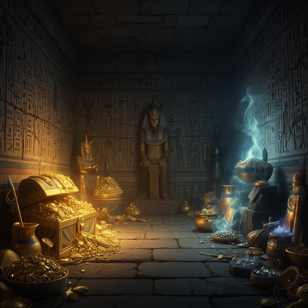 Ancient Egyptian tomb with golden treasures, hieroglyphs, and mystical artifacts