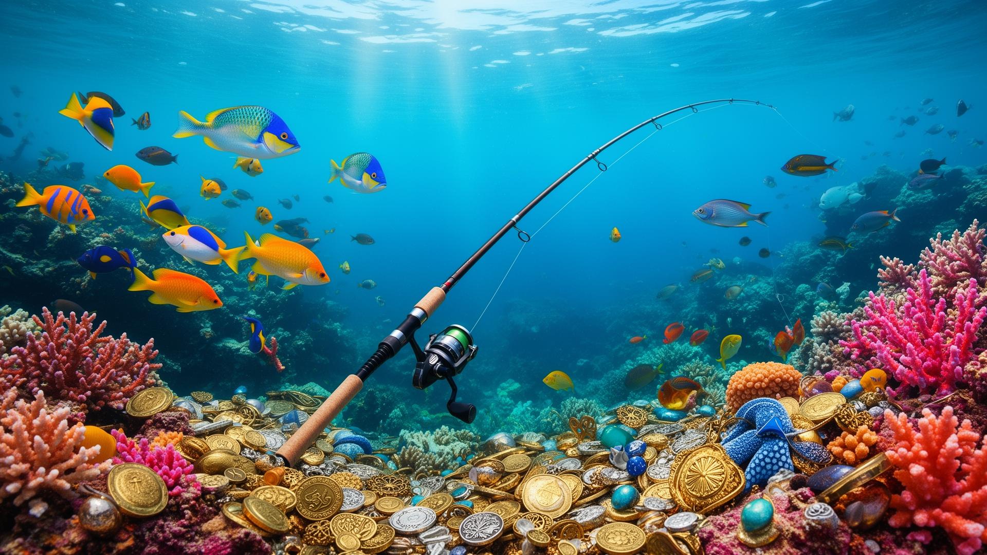 Underwater scene with fish, fishing rod, and aquatic treasures