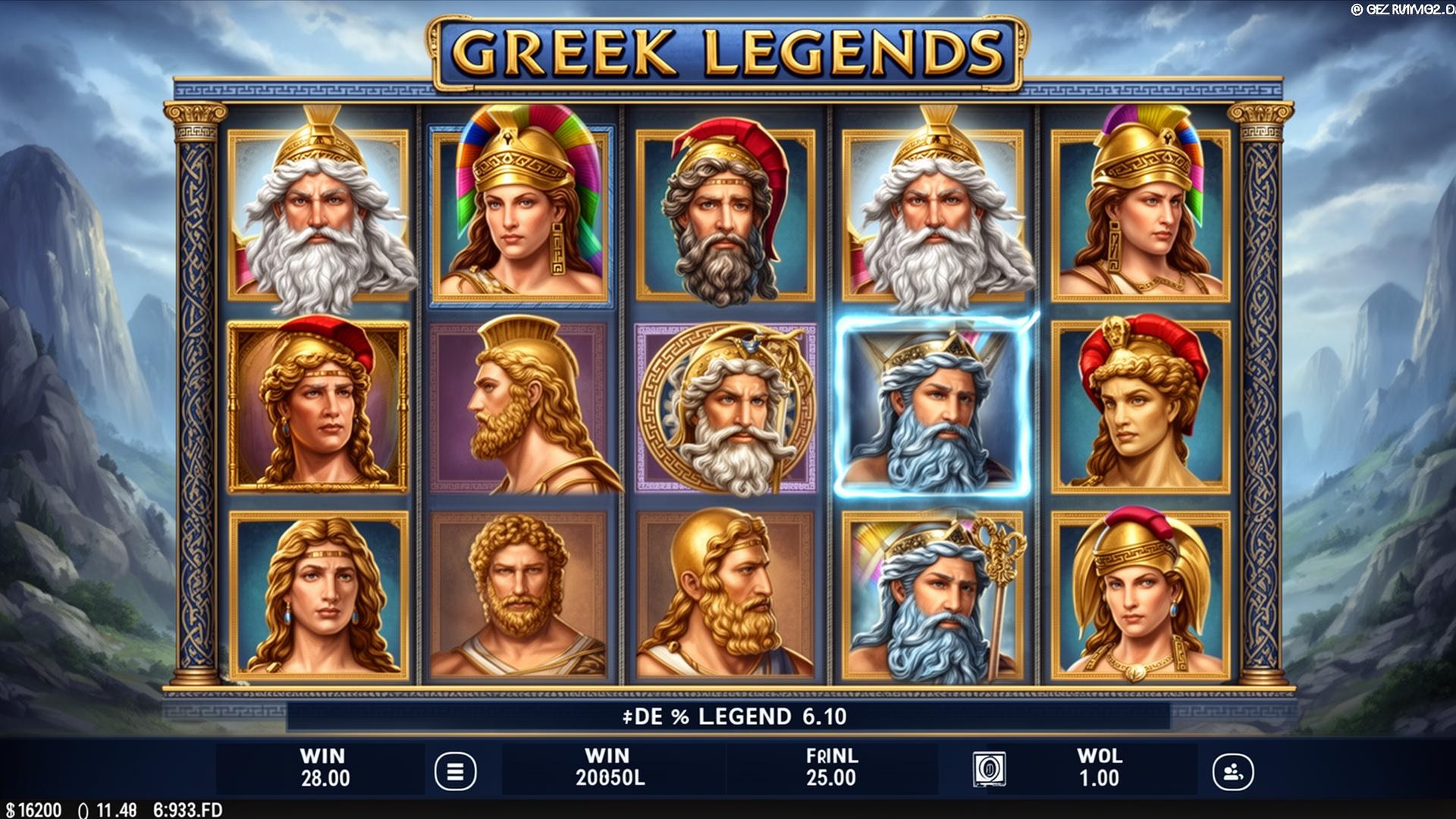 Greek Legends slot game interface with mythological symbols and cascading reels