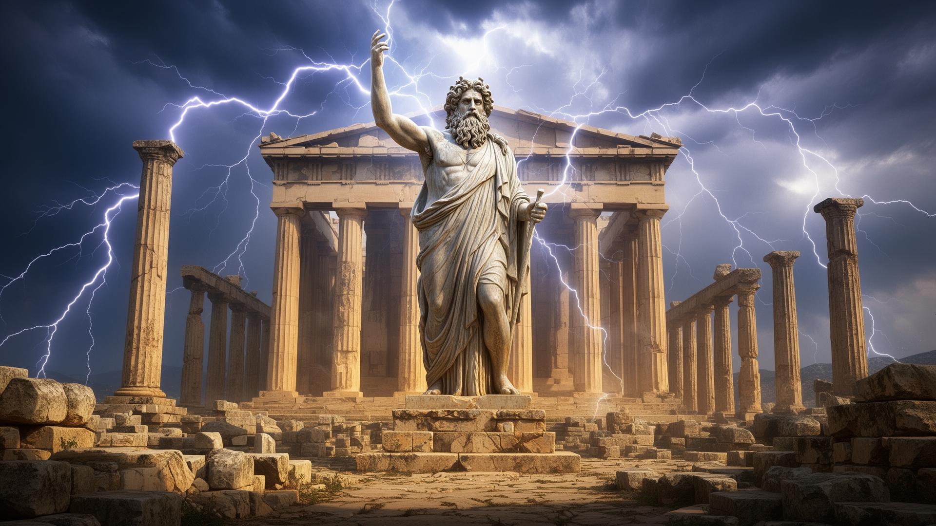 Majestic Greek temple with Zeus statue, lightning, and ancient columns in epic lighting
