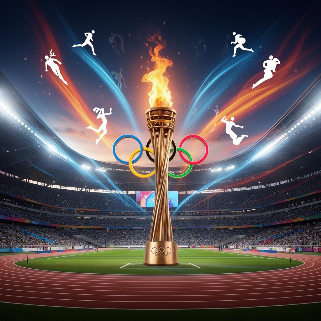 Olympic stadium with torch, rings, and athletic symbols in dynamic lighting