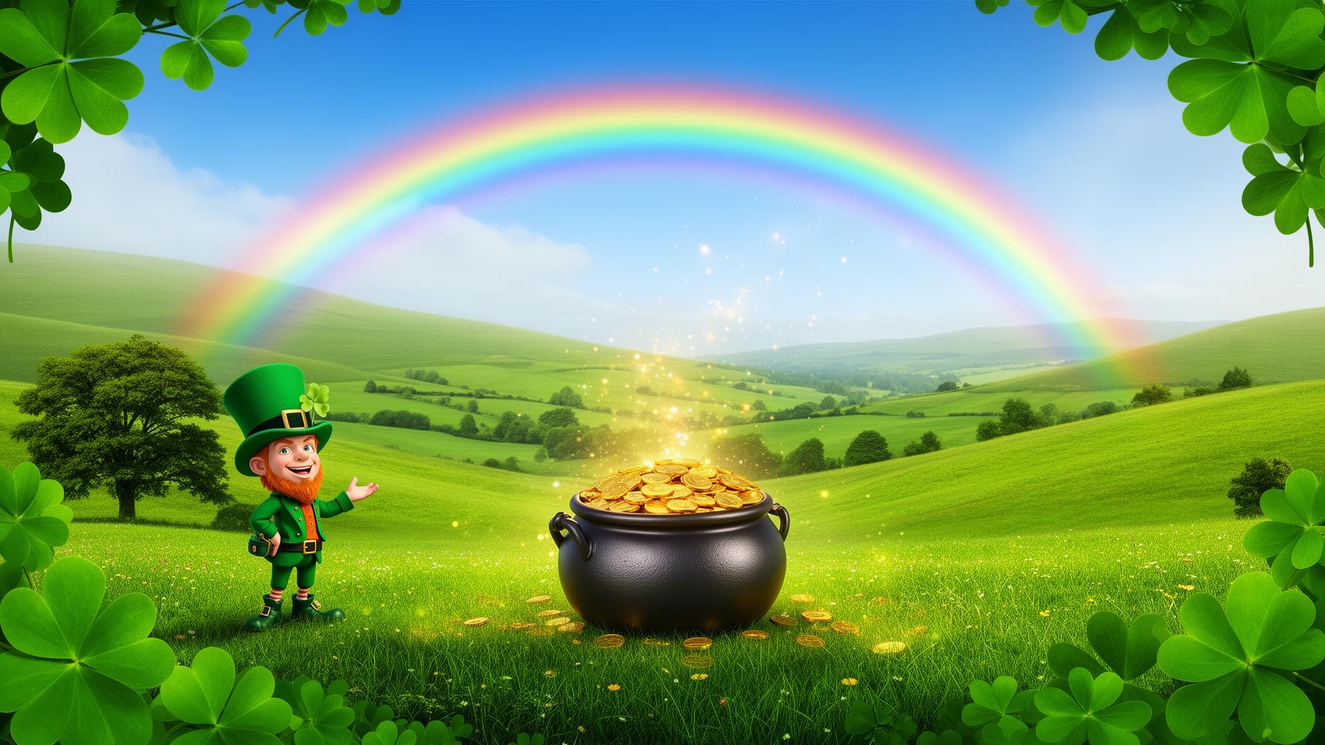 Magical Irish landscape with rainbow, pot of gold, and leprechaun elements
