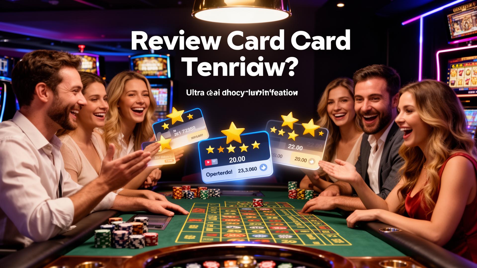 Happy players enjoying casino games with review cards and stars