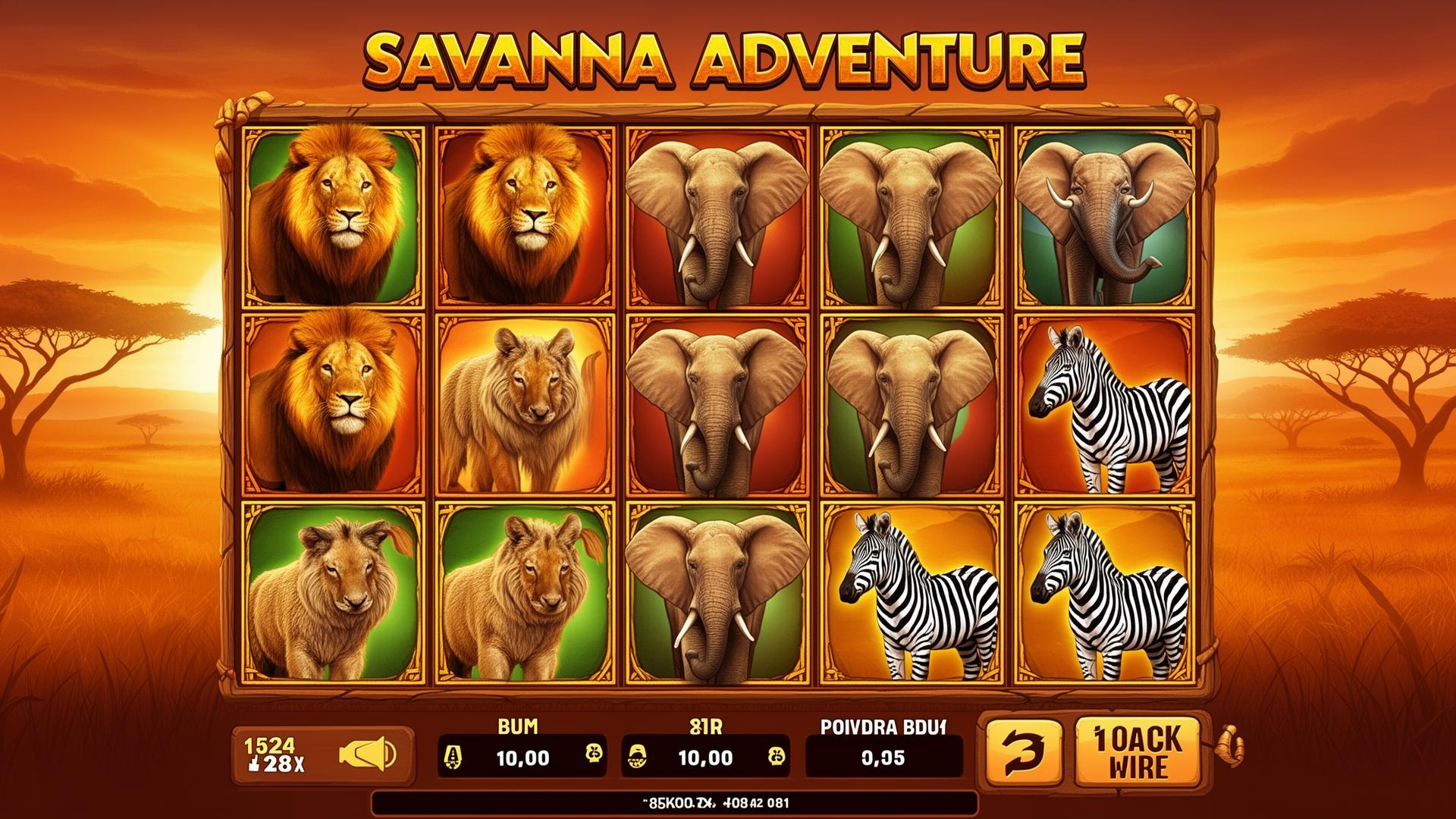 Savanna Adventure slot game interface with African animal symbols