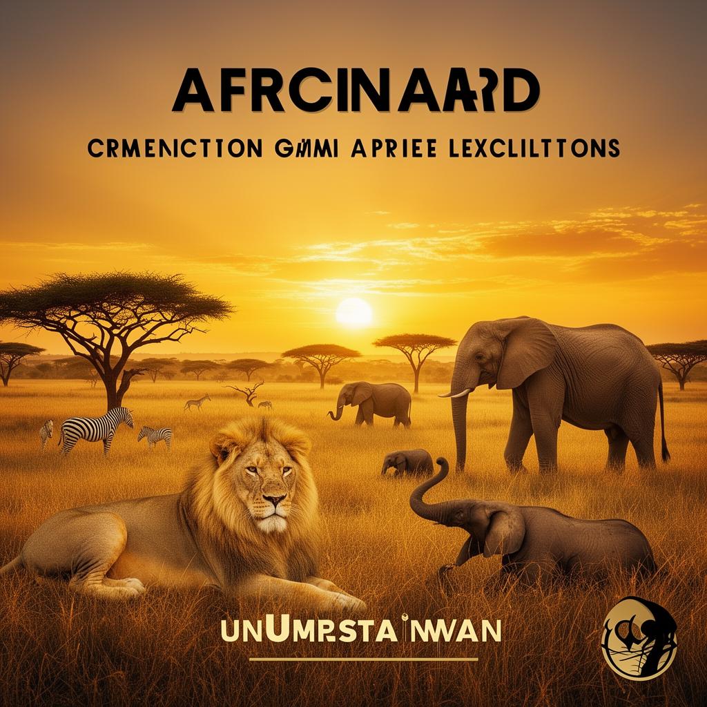 African savanna with lions, elephants, and wildlife in golden sunset